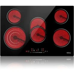 Ceramic Hob, 77cm, 8600W Built-in Electric Glass Ceramic Cooktop, IsEasy Built-in, Black Glass With 5 Cooking Zones, Touch Control, Child-safety Lock&Timer [Energy Class A+]