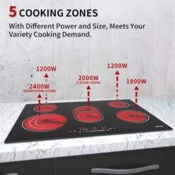 Ceramic Hob, 77cm, 8600W Built-in Electric Glass Ceramic Cooktop, IsEasy Built-in, Black Glass With 5 Cooking Zones, Touch Control, Child-safety Lock&Timer [Energy Class A+] -Home Chef Shop 100028418 3