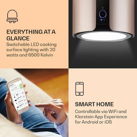 Klarstein Skyfall Smart, Island Extractor Hood, Ø45cm, Circulating Air, 402m³ / H, LED, Stainless Steel, Gold 3 Klarstein Skyfall Smart, Island Extractor Hood, Ø45cm, Circulating Air, 402m³ / H, LED, Stainless Steel, Gold - Image 3