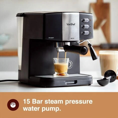 VonShef Espresso Machine, 15 Bar Pressure Pump – Barista Coffee Maker With Milk Frother For Latte, Cappuccino, Americano, Flat White And More – Black/Silver 2 VonShef Espresso Machine, 15 Bar Pressure Pump – Barista Coffee Maker With Milk Frother For Latte, Cappuccino, Americano, Flat White And More – Black/Silver - Image 2