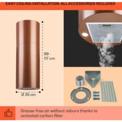 Klarstein Beretta, Island Extractor Hood, Ø 35 Cm, Exhaust / Circulating Air, 650m³ / H, LED, Copper -Home Chef Shop 56581942 5