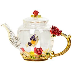 Glass Teapot - 280 Ml - France Enamel Rose Flower Butterfly Decoration Heat Resistant Glass Teapot Kettle With Strainer For Blooming Tea Loose Leaf Tea (Red, Single Teapot) -Home Chef Shop 60699773 3