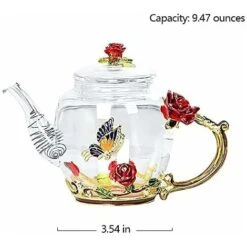 Glass Teapot - 280 Ml - France Enamel Rose Flower Butterfly Decoration Heat Resistant Glass Teapot Kettle With Strainer For Blooming Tea Loose Leaf Tea (Red, Single Teapot) -Home Chef Shop 60699773 4