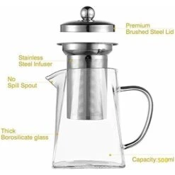 Square Glass Teapot With Infuser, 500 Ml Borosilicate Tea Pot With Strainer, Clear Leaf Tea Pots For Loose Tea -Home Chef Shop 60699916 5