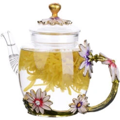 Glass Teapot - 280 Ml (9.47 Oz) - Glass Teapot With France Enamel Chrysanthemum Flower/Heat Resistant Glass Teapot Kettle With Strainer For Blooming Tea, Loose Leaf Tea