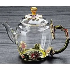 Glass Teapot - 280 Ml (9.47 Oz) - Glass Teapot With France Enamel Chrysanthemum Flower/Heat Resistant Glass Teapot Kettle With Strainer For Blooming Tea, Loose Leaf Tea -Home Chef Shop 60699922 3