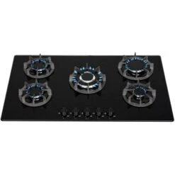 SIA BGH90BL 90cm Black 5 Burner Gas On Glass Hob Cast Iron Supports LPG Kit