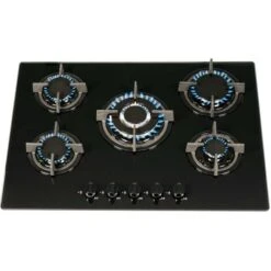 SIA GHG703BL 70cm Black 5 Burner Gas On Glass Hob With Cast Iron Pan Stands