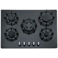 SIA R8 70cm Black 5 Burner Gas On Glass Hob With Cast Iron Pan Stands
