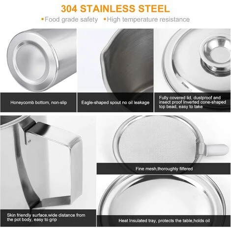 Bacon Grease Container With Stainless Steel Grease Strainer Perfect As Pan Grease Holder, Cooking Oil Keeper And Storage1.2L 4 Bacon Grease Container With Stainless Steel Grease Strainer Perfect As Pan Grease Holder, Cooking Oil Keeper And Storage1.2L - Image 4