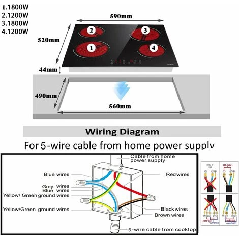Electric Hob 4 Zone Ceramic Hob 60 Cm With Touch Control 6000W 9 Power Levels Safety Lock Auto Switch Off Safety Residual Heat Indicator Hard Wire, No Plug Included 2 Electric Hob 4 Zone Ceramic Hob 60 Cm With Touch Control 6000W 9 Power Levels Safety Lock Auto Switch Off Safety Residual Heat Indicator Hard Wire, No Plug Included - Image 2
