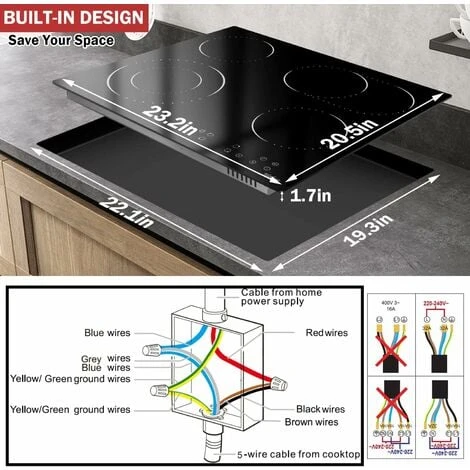Ceramic Hob, 4 Zone Built-in Electric Hob 60cm, Ceramic Cooktop With Touch Control, 6400W, 9 Power Levels, Dual Ring Zone, Oval Zone, Timer, Child Lock, For All Pots, Hard Wired, Without Plug 2 Ceramic Hob, 4 Zone Built-in Electric Hob 60cm, Ceramic Cooktop With Touch Control, 6400W, 9 Power Levels, Dual Ring Zone, Oval Zone, Timer, Child Lock, For All Pots, Hard Wired, Without Plug - Image 2