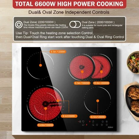 Ceramic Hob, 4 Zone Built-in Electric Hob 60cm, Ceramic Cooktop With Touch Control, 6400W, 9 Power Levels, Dual Ring Zone, Oval Zone, Timer, Child Lock, For All Pots, Hard Wired, Without Plug 3 Ceramic Hob, 4 Zone Built-in Electric Hob 60cm, Ceramic Cooktop With Touch Control, 6400W, 9 Power Levels, Dual Ring Zone, Oval Zone, Timer, Child Lock, For All Pots, Hard Wired, Without Plug - Image 3