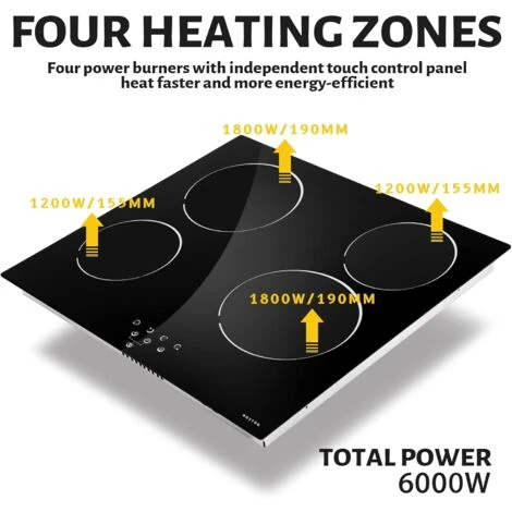NOXTON Ceramic Hob, Built-in 4 Zone Electric Hobs 60cm Black Glass Panel Cooker With Touch Controls 2 NOXTON Ceramic Hob, Built-in 4 Zone Electric Hobs 60cm Black Glass Panel Cooker With Touch Controls - Image 2