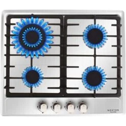 NOXTON Built-in 4 Burner Gas Cooker, Stainless Steel Gas Hob With Flame Out Protection, Cast Iron Pan Support, NG/LPG Kit, 59cm X 51cm