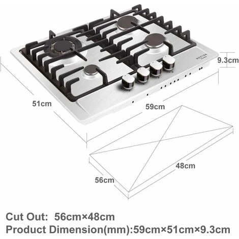 NOXTON Built-in 4 Burner Gas Cooker, Stainless Steel Gas Hob With Flame Out Protection, Cast Iron Pan Support, NG/LPG Kit, 59cm X 51cm 3 NOXTON Built-in 4 Burner Gas Cooker, Stainless Steel Gas Hob With Flame Out Protection, Cast Iron Pan Support, NG/LPG Kit, 59cm X 51cm - Image 3