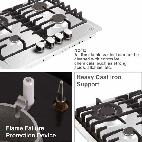 NOXTON Built-in 4 Burner Gas Cooker, Stainless Steel Gas Hob With Flame Out Protection, Cast Iron Pan Support, NG/LPG Kit, 59cm X 51cm 5 NOXTON Built-in 4 Burner Gas Cooker, Stainless Steel Gas Hob With Flame Out Protection, Cast Iron Pan Support, NG/LPG Kit, 59cm X 51cm - Image 5