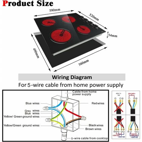 Ceramic Hob 4 Zones Electric Hob With Knobs Built In 6000W Ceramic Hob 60cm With Non-abrasive Black Glass Auto Switch Off Safety Hard Wire, No Plug Included 5 Ceramic Hob 4 Zones Electric Hob With Knobs Built In 6000W Ceramic Hob 60cm With Non-abrasive Black Glass Auto Switch Off Safety Hard Wire, No Plug Included - Image 5