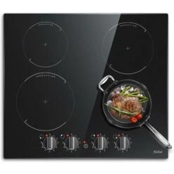 Induction Hob Black Glass Electric Cooktop Built-in 4 Zone Electric Hob With Knob 60cm, 7200W, Hard Wire, No Plug Included