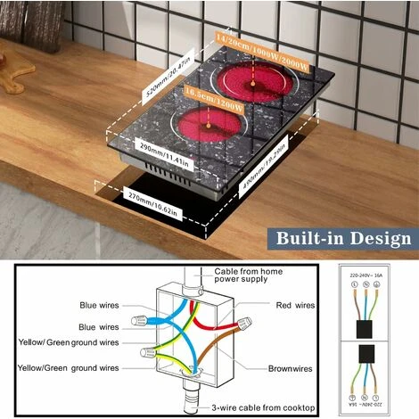 2 Zone Ceramic Hob, Hobsir Built-in Electric Hob 30cm, Marble, 3200W, Touch Control, Doul Zone, 9 Heating Levels, Safety Lock,Timer, Hard Wire, No Plug Included, LH07 2 2 Zone Ceramic Hob, Hobsir Built-in Electric Hob 30cm, Marble, 3200W, Touch Control, Doul Zone, 9 Heating Levels, Safety Lock,Timer, Hard Wire, No Plug Included, LH07 - Image 2