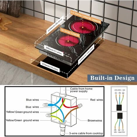 2 Zone Ceramic Hob, Hobsir Built-in Electric Hob 30cm, Marble, 3200W, Touch Control, Doul Zone, 9 Heating Levels, Safety Lock,Timer, Hard Wire, No Plug Included, LH09 2 2 Zone Ceramic Hob, Hobsir Built-in Electric Hob 30cm, Marble, 3200W, Touch Control, Doul Zone, 9 Heating Levels, Safety Lock,Timer, Hard Wire, No Plug Included, LH09 - Image 2