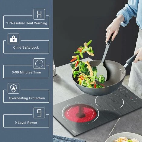 2 Zone Ceramic Hob, Hobsir Built-in Electric Hob 30cm, Marble, 3200W, Touch Control, Doul Zone, 9 Heating Levels, Safety Lock, Timer, Hard Wire, No Plug Included, LH06 5 2 Zone Ceramic Hob, Hobsir Built-in Electric Hob 30cm, Marble, 3200W, Touch Control, Doul Zone, 9 Heating Levels, Safety Lock, Timer, Hard Wire, No Plug Included, LH06 - Image 5