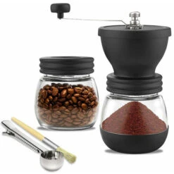 Manual Coffee Grinder Adjustable Coarse Ceramic Grinder Hand Held Coffee Grinder Compact Crank Handle For Home, Office And Travel With Brush, Spoon