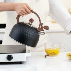 Induction Whistling Kettle 2.5L Black Kettle With Heat Resistant Wooden Handle Vintage Stainless Steel For Induction Cookers Gas Stoves Wood Stoves -Home Chef Shop 85991434 5