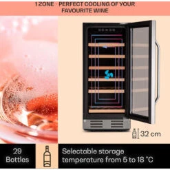 Klarstein Vinovilla 29 Built-In Wine Fridge 81 L / 29 Bottles 1 Zone Glass Door Stainless Steel -Home Chef Shop 92526667 3
