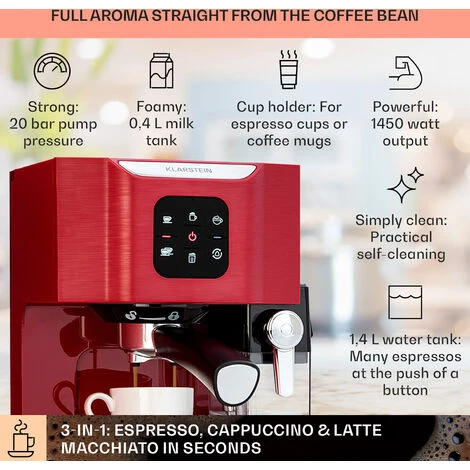 Klarstein BellaVita Coffee Maker 3-in-1 1450 W 20 Bar Milk Frother 2 Klarstein BellaVita Coffee Maker 3-in-1 1450 W 20 Bar Milk Frother - Image 2