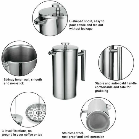 French Press 304 Stainless Steel Thermal Coffee Maker Teapot 800ML 3 Filters Anti-scald Handle Anti-rust Coffee Press 2 French Press 304 Stainless Steel Thermal Coffee Maker Teapot 800ML 3 Filters Anti-scald Handle Anti-rust Coffee Press - Image 2
