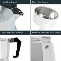 Aluminum Stovetop, Percolator Pot For Espresso, Mocha, Cuban Coffee, Cappuccino, Latte And More, Perfect For Camping, Strong, Long-Lasting, Silver, 1 Cup 7 Aluminum Stovetop, Percolator Pot For Espresso, Mocha, Cuban Coffee, Cappuccino, Latte And More, Perfect For Camping, Strong, Long-Lasting, Silver, 1 Cup -Home Chef Shop 97100093 3