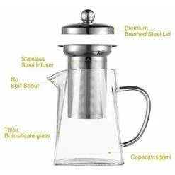 Square Glass Teapot With Infuser, 500ml Borosilicate Teapot With Strainer, Clear Loose Leaf Teapots For Loose Tea -Home Chef Shop 97102280 5