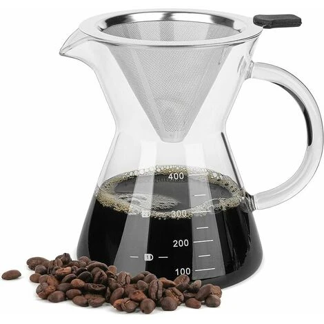 Pour Over Coffee Maker With Stainless Steel Filter, Borosilicate Glass Carafe With Handle, No Paper Filters Needed (400ml) 1 Pour Over Coffee Maker With Stainless Steel Filter, Borosilicate Glass Carafe With Handle, No Paper Filters Needed (400ml)
