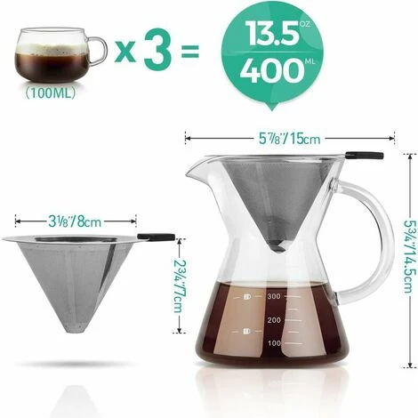 Pour Over Coffee Maker With Stainless Steel Filter, Borosilicate Glass Carafe With Handle, No Paper Filters Needed (400ml) 4 Pour Over Coffee Maker With Stainless Steel Filter, Borosilicate Glass Carafe With Handle, No Paper Filters Needed (400ml) - Image 4
