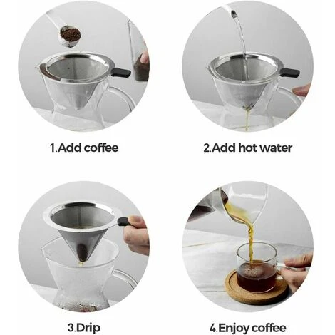 Pour Over Coffee Maker With Stainless Steel Filter, Borosilicate Glass Carafe With Handle, No Paper Filters Needed (400ml) 5 Pour Over Coffee Maker With Stainless Steel Filter, Borosilicate Glass Carafe With Handle, No Paper Filters Needed (400ml) - Image 5