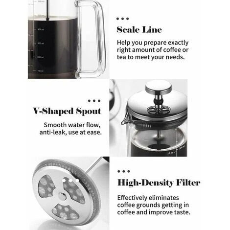 300/600ml Double Wall French Press Coffee Maker Heat Resistant Borosilicate Glass With High Density Stainless Steel Filter, 300ml - 300ml 3 300/600ml Double Wall French Press Coffee Maker Heat Resistant Borosilicate Glass With High Density Stainless Steel Filter, 300ml - 300ml - Image 3
